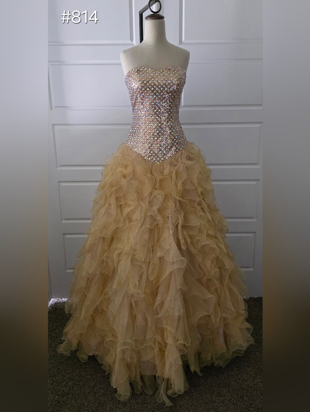 Strapless Champagne Ruffled Ballgown Prom/Quincenerra Dress with Basque Waist